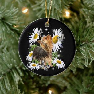 Silky Terrier Daisy Butterfly memorial paw prints  Ceramic Tree Decoration
