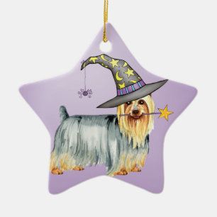 Silky Terrier Witch Ceramic Tree Decoration