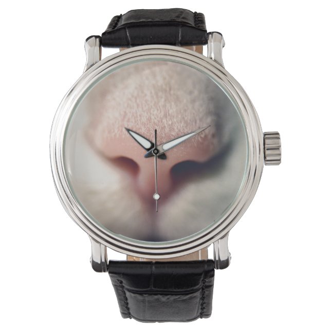 Silky White Kitty Vintage Leather Strap Watch (Front)