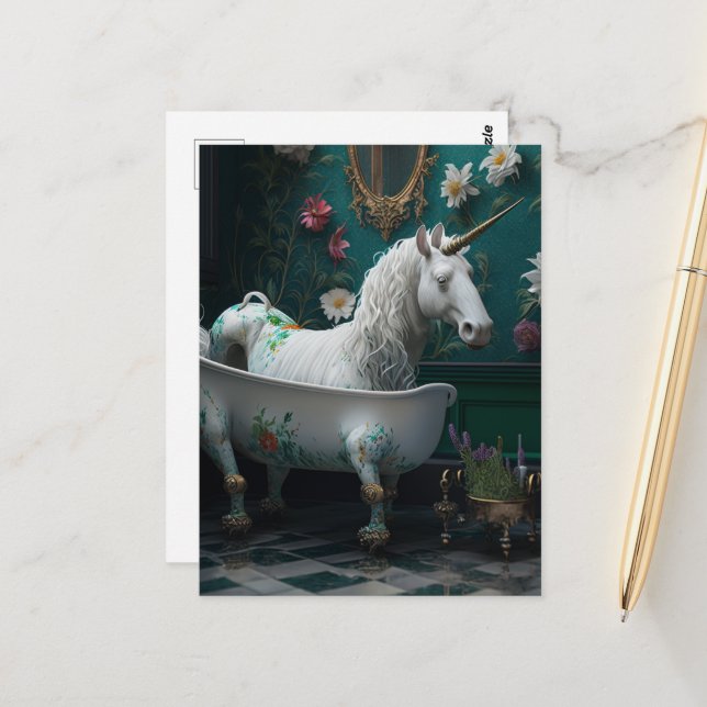 Silly AI generated Unicorn in a Bathtub Postcard (Front/Back In Situ)