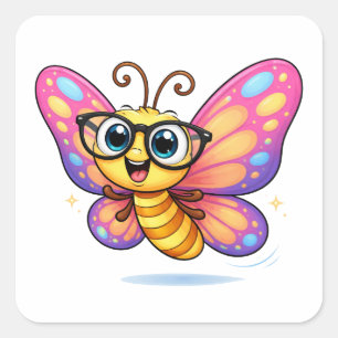 Silly Butterfly Cartoon With Glasses Square Sticker