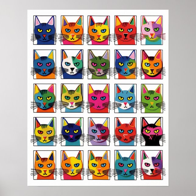 Silly Cat Heads Fun Whimsical Pop Art Style #SC153 Poster (Front)