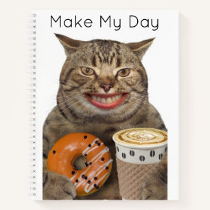 Silly Cat With Doughnut and Coffee Personalised  Notebook