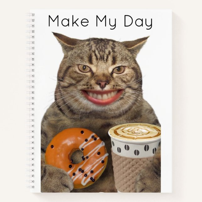 Silly Cat With Doughnut and Coffee Personalised  Notebook (Front)