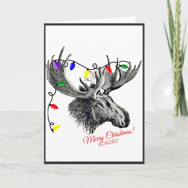 Silly Christmas Moose with Holiday Lights Card (Front)