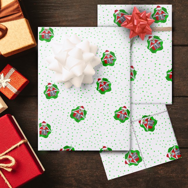 Silly Christmas Skeleton in Splatter Shape Green Wrapping Paper Sheet (Spatter shapes with cute Skeleton Santas on white wrapping paper sheets with green polka dots.)