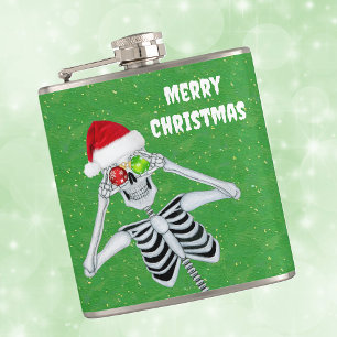 Silly Christmas Skeleton Ornament Eyes Green Gold Hip Flask