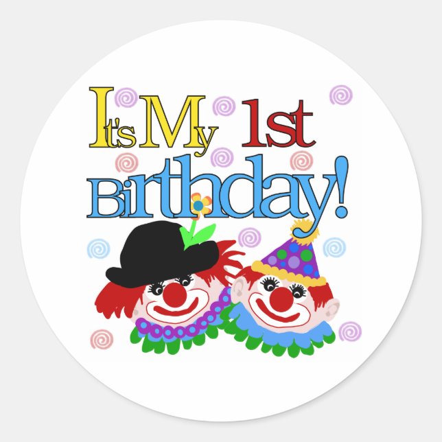 Silly Clowns 1st Birthday Classic Round Sticker (Front)