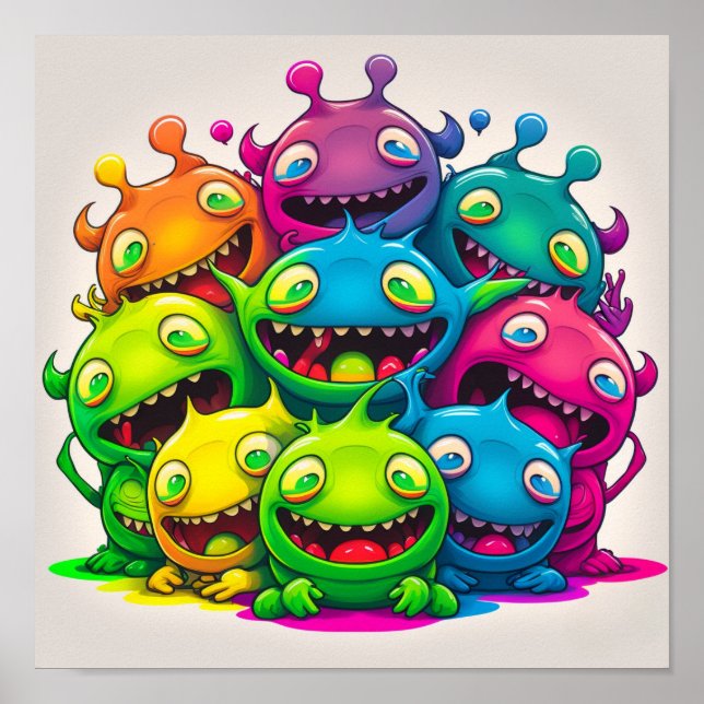 Silly Colourful Smiling Creatures Poster (Front)