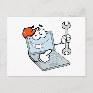 silly computer repair cartoon laptop with wrench postcard