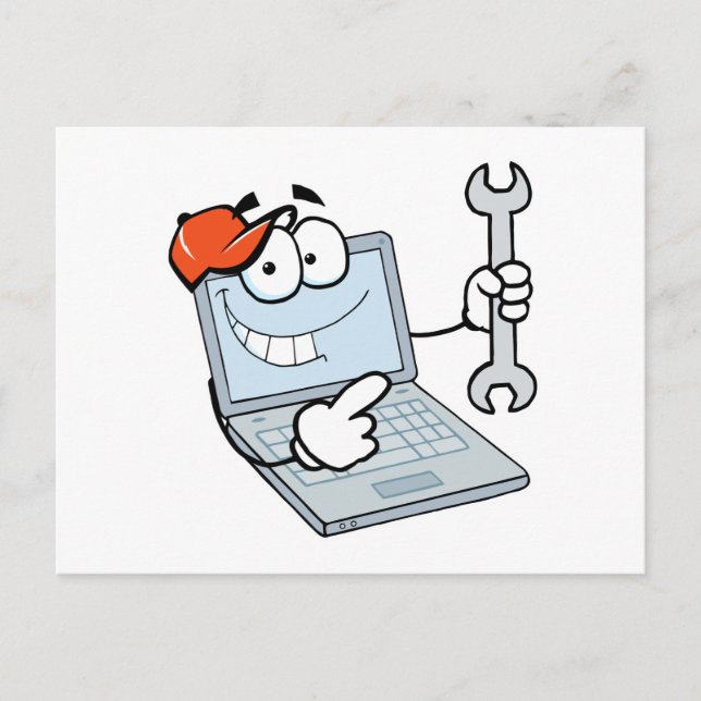 silly computer repair cartoon laptop with wrench postcard (Front)