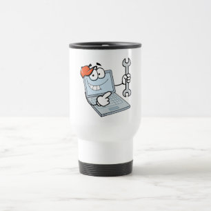 silly computer repair cartoon laptop with wrench travel mug