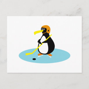 silly cute ice hockey penguin postcard