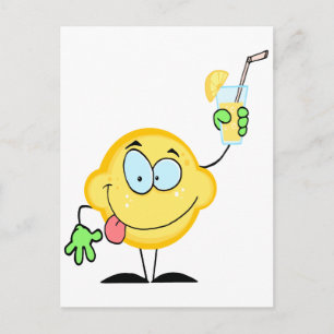 silly cute lemon cartoon drinking lemonade postcard