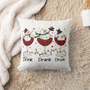 Silly “Drink, Drank, Drunk” Snowman and Wine  Cushion