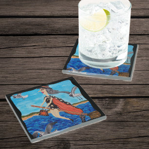 Silly Flying Witch in Bathing Suit Beach Seagulls Glass Coaster