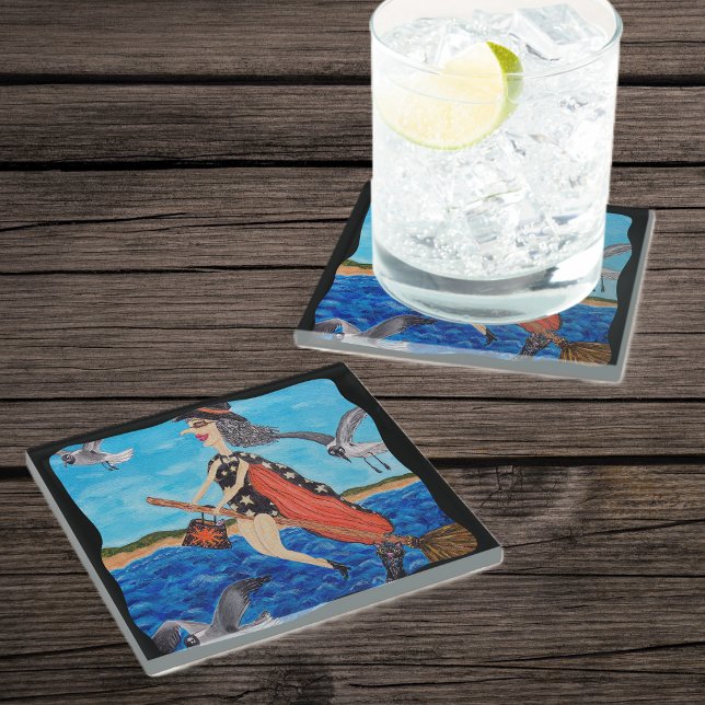 Silly Flying Witch in Bathing Suit Beach Seagulls Glass Coaster (Funny witch flying on broom going to beach seagulls black border on drink coaster.)