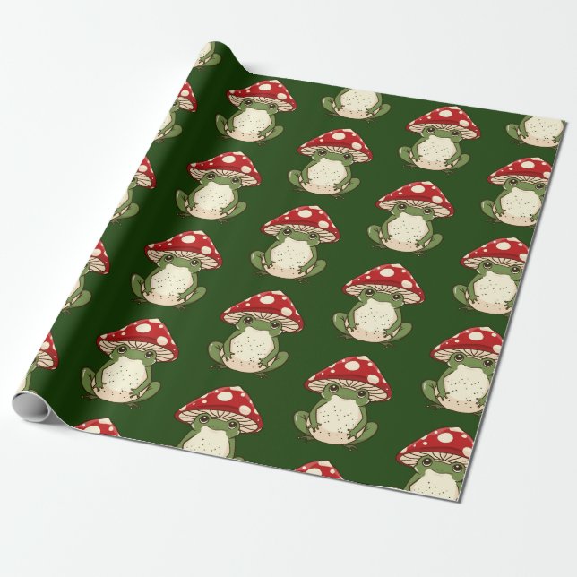Silly frog fly agaric mushroom wrapping paper (Unrolled)