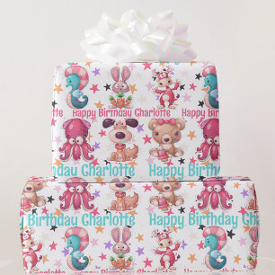 Silly Fun Girl's Birthday Add Name Squid Bunny Dog Wrapping Paper