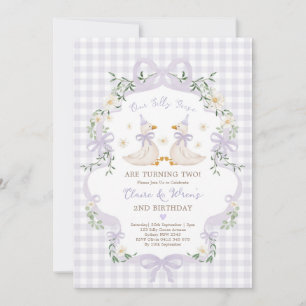 Silly Geese Twins Purple Bow Gingham Birthday Invitation