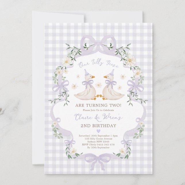 Silly Geese Twins Purple Bow Gingham Birthday Invitation (Front)