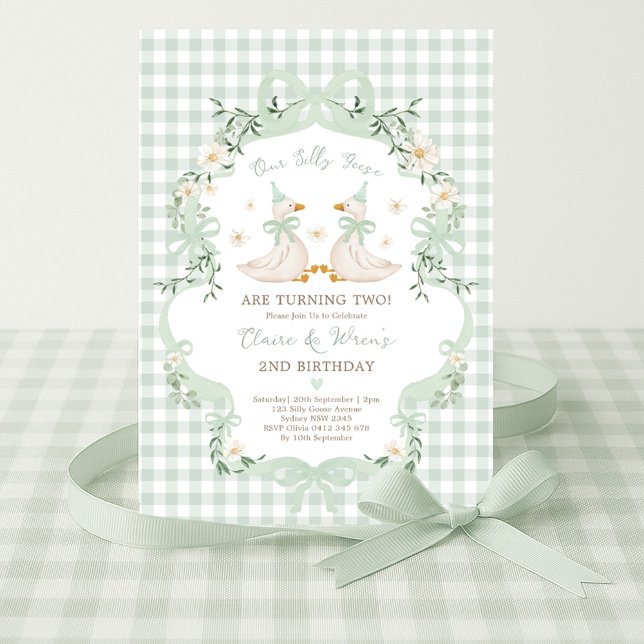 Silly Geese Twins Sage Green Bow Gingham Birthday Invitation (Creator Uploaded)