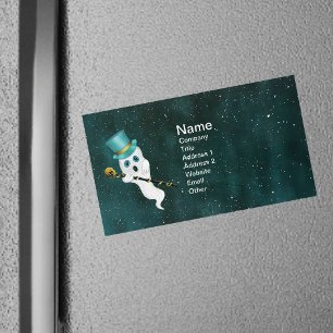 Silly Ghost in Night Sky Top Hat Ornate Skull Cane Magnetic Business Card
