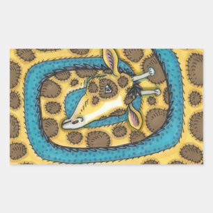 SILLY GIRAFFE LONG NECK AND SPOTS, FUNNY FOLK ART RECTANGULAR STICKER