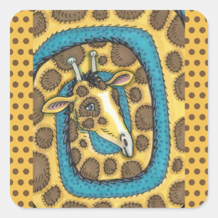 SILLY GIRAFFE LONG NECK AND SPOTS, FUNNY FOLK ART SQUARE STICKER