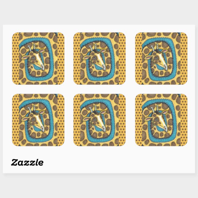 SILLY GIRAFFE LONG NECK AND SPOTS, FUNNY FOLK ART SQUARE STICKER (Sheet)