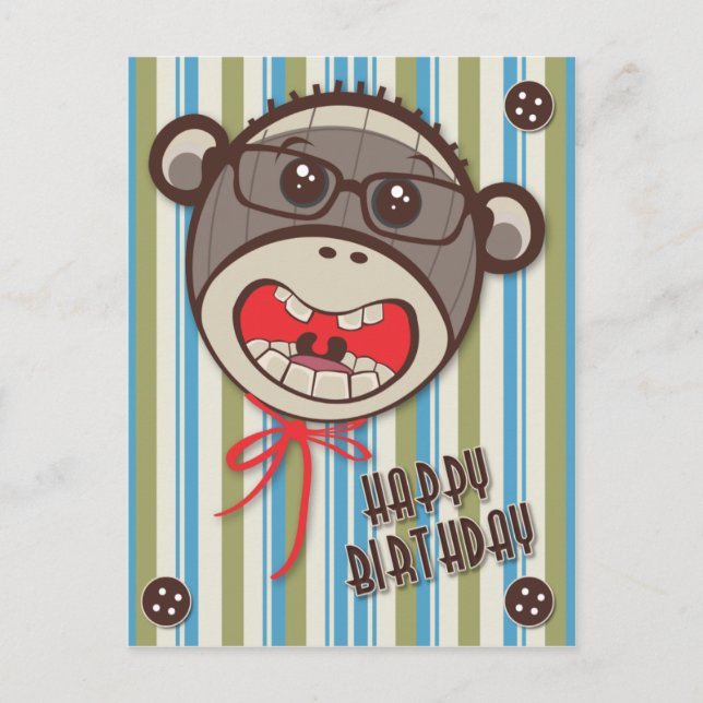 Silly Glasses Sock Monkey Happy B Day Postcard (Front)