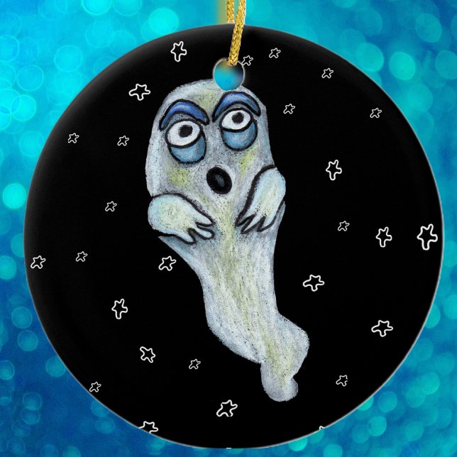 Silly Goofy Cartoon Ghost Big Eyes Stars Ceramic Tree Decoration (silly ghost blue eyes floating on white stars on black Halloween hanging ornament.)