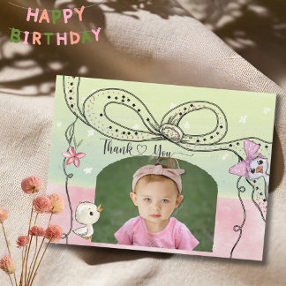 Silly Goose 1st Birthday Girl Pink Bow Photo  Thank You Card