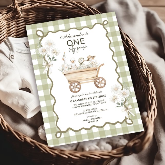 Silly Goose 1st Birthday Green Gingham Invitation (Creator Uploaded)