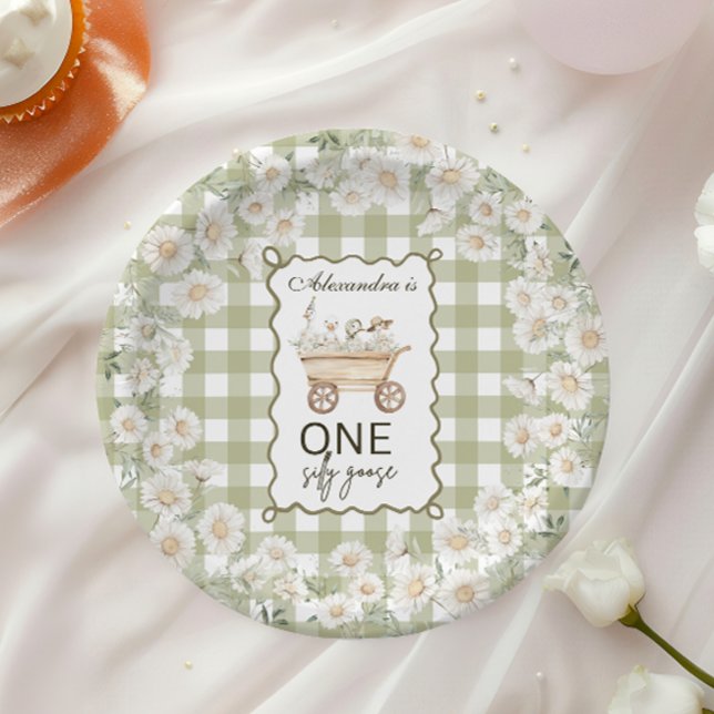 Silly Goose 1st Birthday Green Gingham Paper Plate (Creator Uploaded)