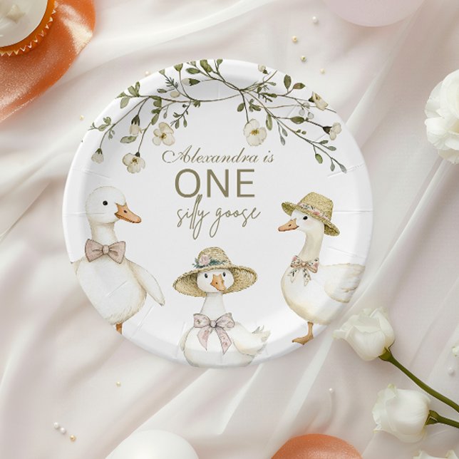 Silly Goose 1st Birthday Neutral Floral  Paper Plate (Creator Uploaded)