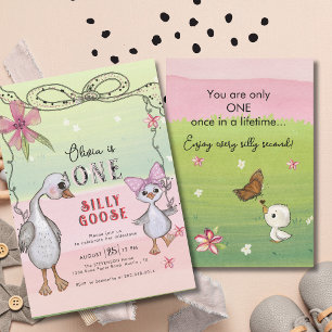Silly Goose 1st Birthday Pink Bow Green Coquette  Invitation