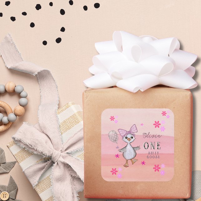 Silly Goose 1st Birthday Pink Bow  Square Sticker (Silly Goose 1st Birthday Pink Bow Square Sticker

)