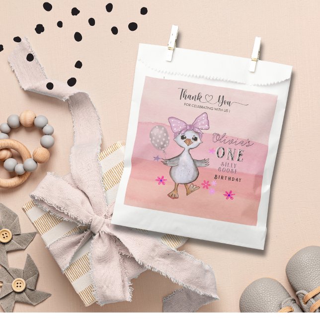 Silly Goose 1st Birthday  Pink Bow Watercolor Favour Bags (Silly Goose 1st Birthday Pink Bow Watercolor Favor Bag)