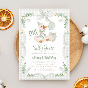 Silly Goose 1st Birthday Pistachio Green Bow Invitation