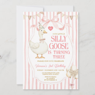 Silly Goose 3rd Birthday Pink Bow Stripe Balloon Invitation