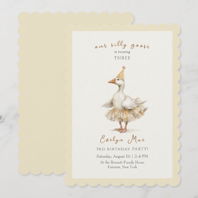 Silly Goose 3rd Birthday Yellow Watercolor Invitation (Front/Back)