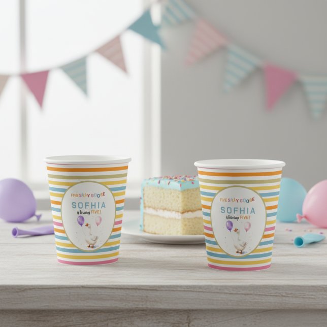 Silly Goose 5th Birthday Pastel Striped Paper Cup (Creator Uploaded)