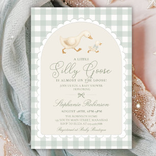 Silly Goose Arch Sage Green Gingham Baby Shower Invitation
