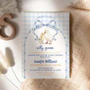 Silly Goose Baby Shower Blue Gingham Cute Farm Invitation