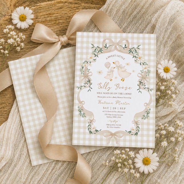 Silly Goose Beige Bow Gingham Neutral Baby Shower Invitation (Creator Uploaded)
