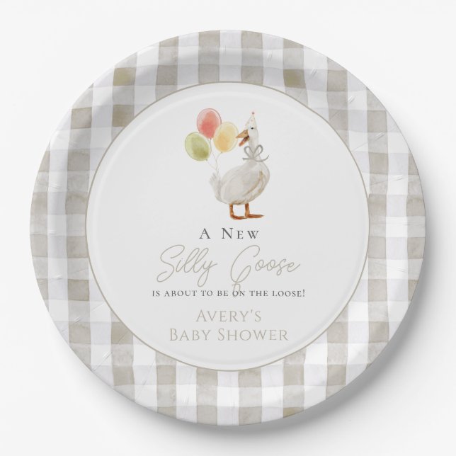 Silly Goose Beige Gingham Baby Shower Paper Plate (Front)
