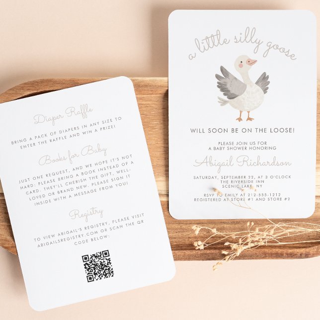 Silly Goose Beige QR Code Neutral Baby Shower Invitation (Creator Uploaded)