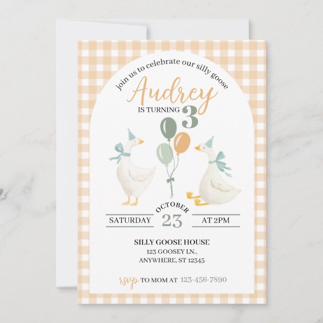 Silly Goose Birthday Invitation | Watercolor Plaid (Front)