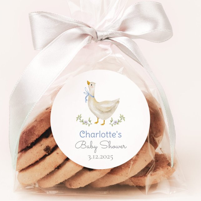 Silly Goose Blue bow baby boy shower Thank you Classic Round Sticker (Creator Uploaded)